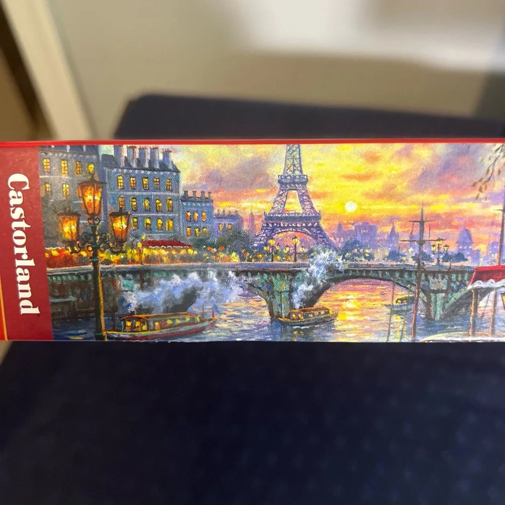 Tea Time in Paris HTF 500 pc Puzzle Stylized Eiffel Tower Bridge Boats Outside - Picture 10 of 10